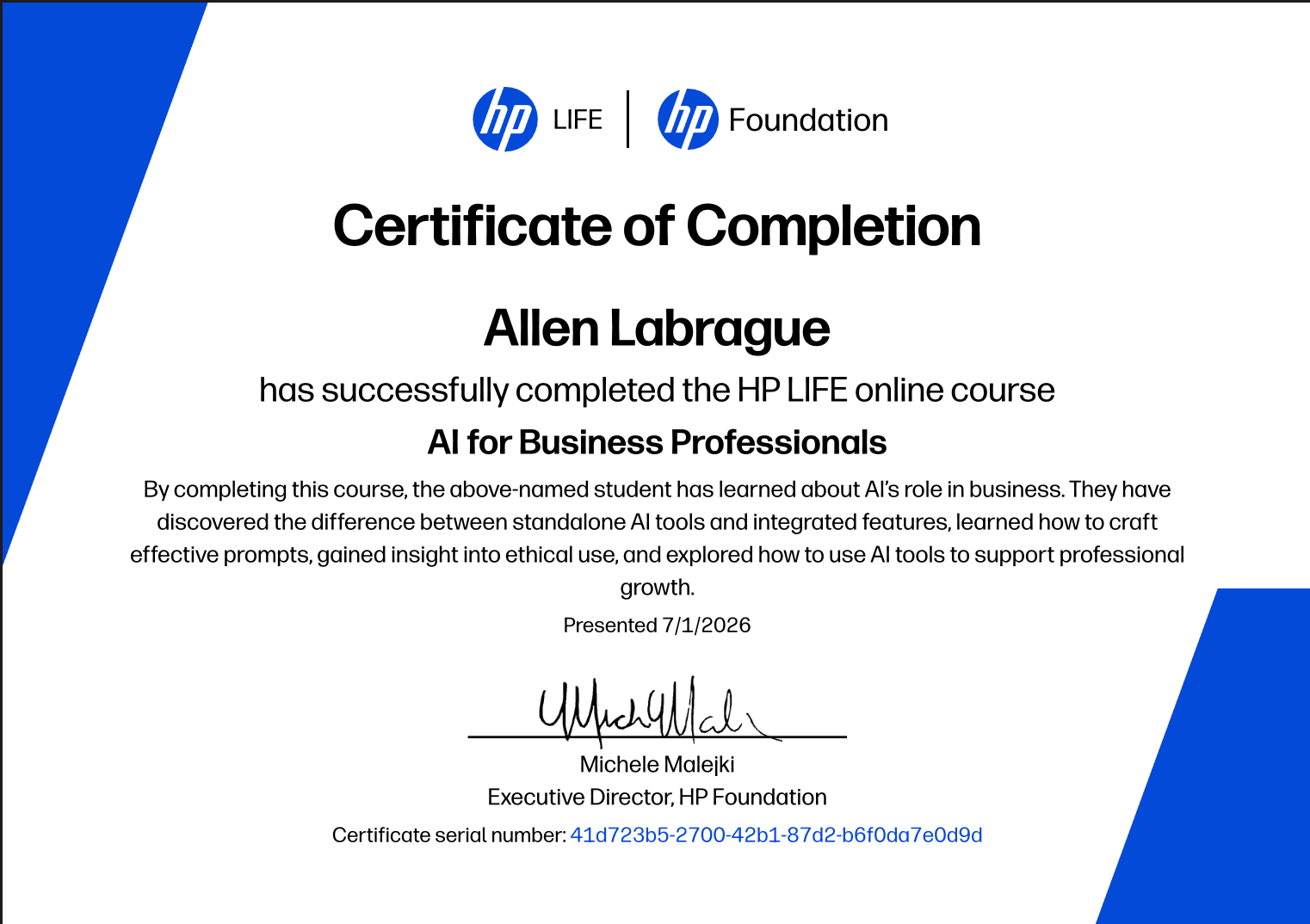 AI for Business Professionals certificate